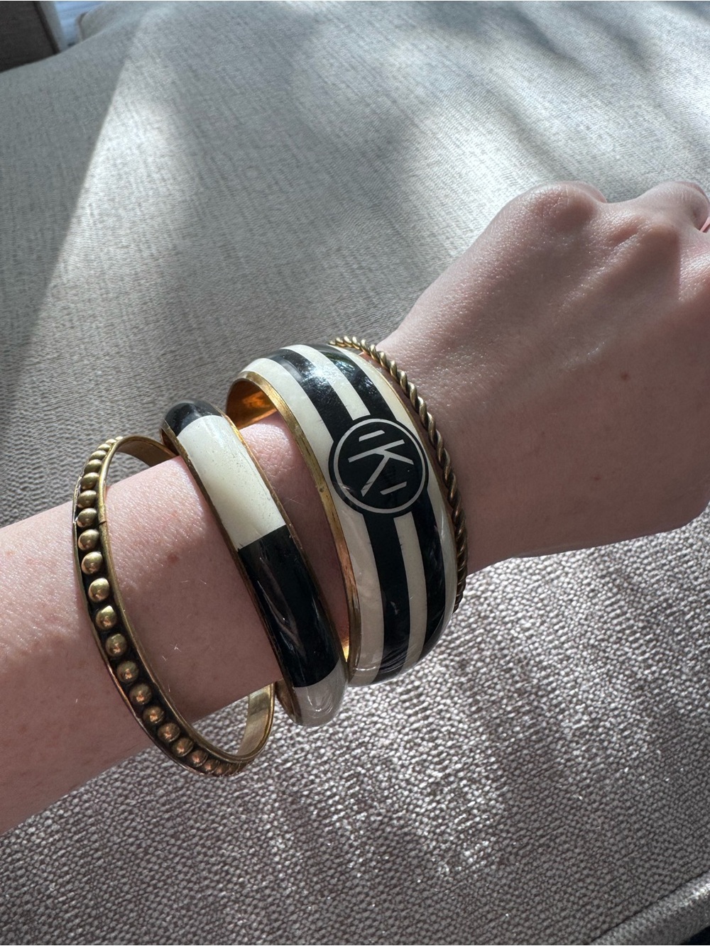 NWT MudPie Black and White Striped K Bangle Bracelet Set with Gold Accents